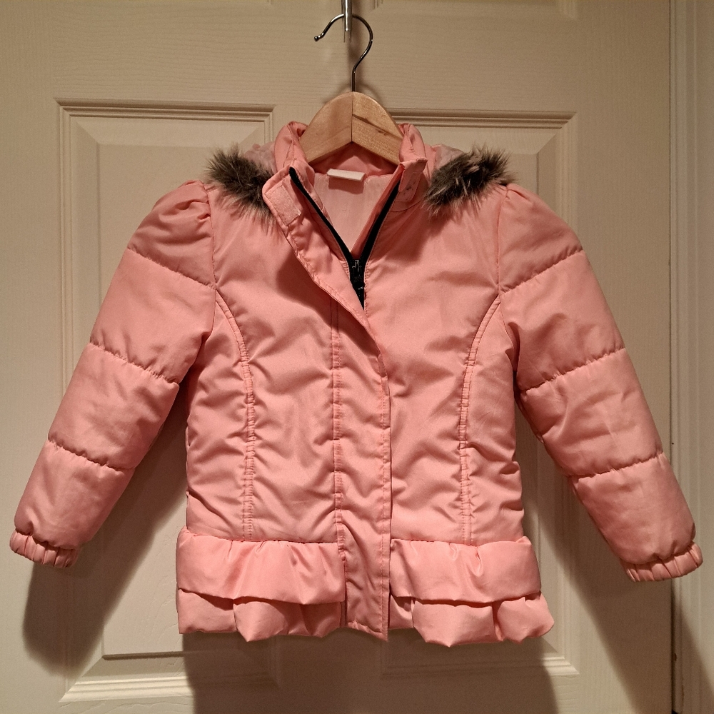 Pink Kids Jacket with Faux Fur Trim with hood